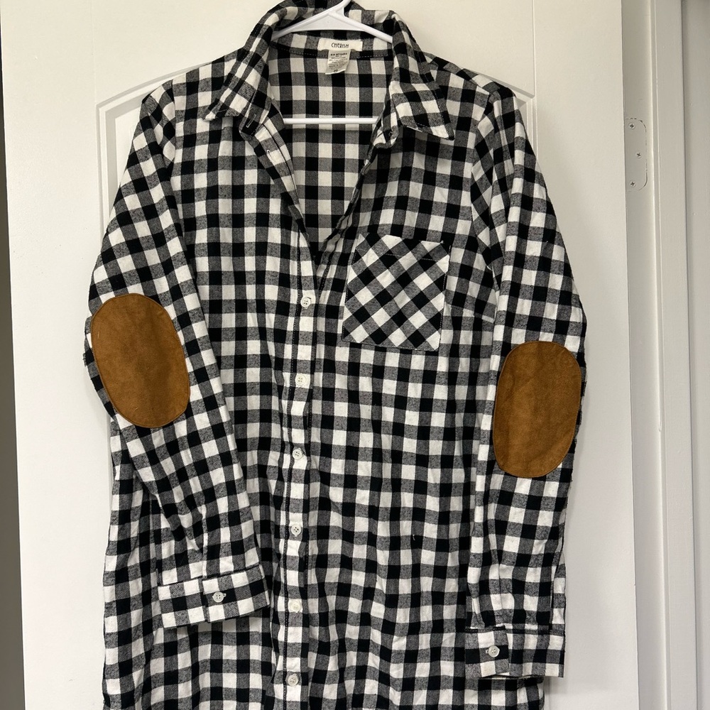 Black and White Checkered Shirt with Brown Elbow Patches